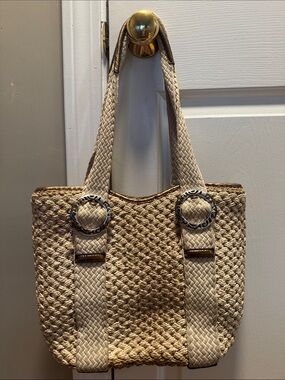 Brighton Beige Woven Straw Tote with Silver-Tone Ring Accents